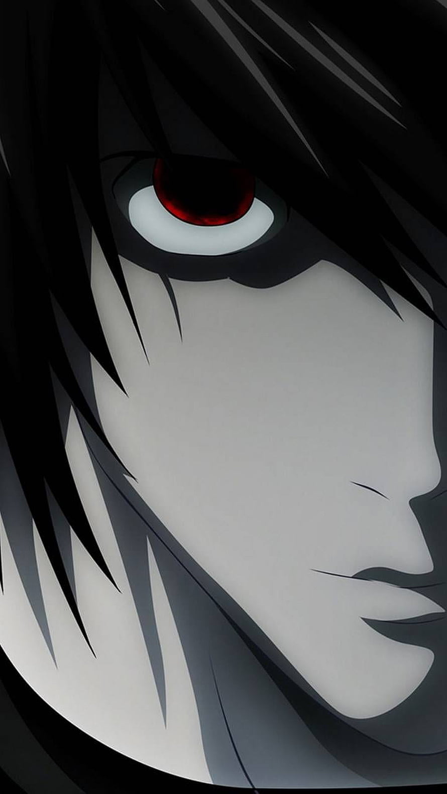 L from Death Note Anime Character Close-Up Portrait with Red Eyes and Dark Hair HD phone wallpaper