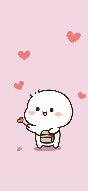 Cute White Cartoon Character Holding Heart Wand and Basket on Pink Background HD phone wallpaper