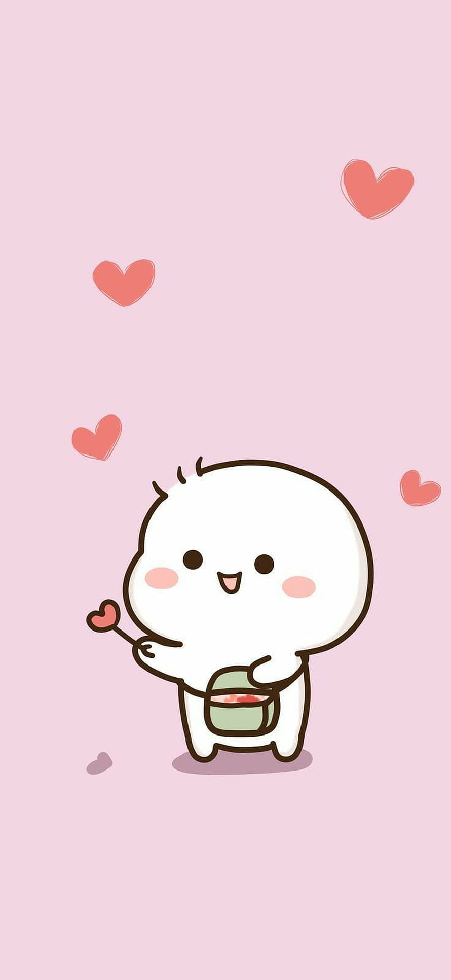 Cute White Cartoon Character Holding Heart Wand and Basket on Pink Background HD phone wallpaper