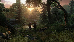 The Last of Us forest scene with two characters walking at golden hour HD wallpaper