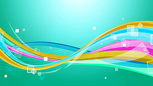 Vibrant Abstract Wavy Lines with Geometric Shapes on Teal Background HD wallpaper