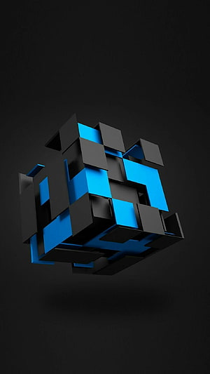 Abstract 3D Geometric Cube Structure with Black and Blue Blocks on Dark Background HD phone wallpaper