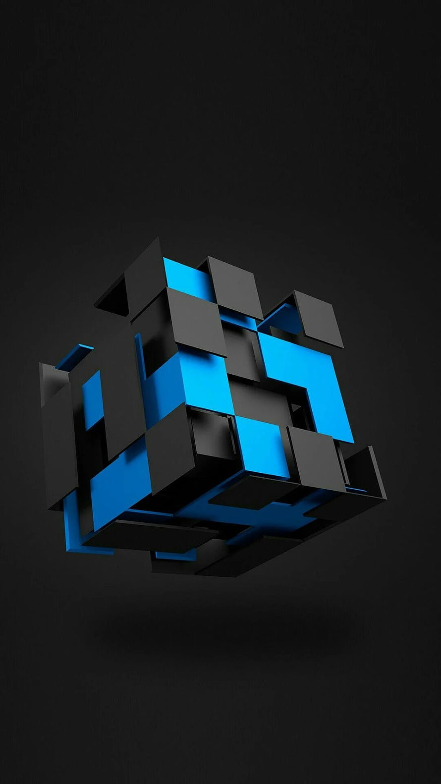 Abstract 3D Geometric Cube Structure with Black and Blue Blocks on Dark Background HD phone wallpaper