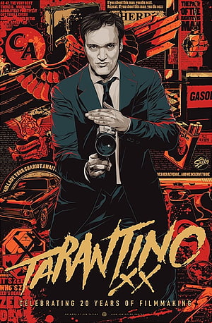 Quentin Tarantino 20 Years of Filmmaking Poster with Camera and Vintage Car HD phone wallpaper