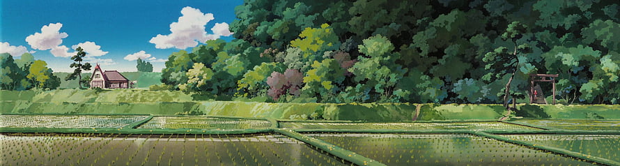Studio Ghibli Animated Countryside with Rice Paddies, Forest, and Small House Under Blue Sky HD wallpaper