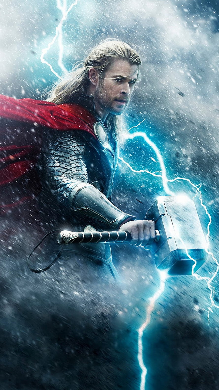 Thor Wielding Mjolnir Amidst Electric Storm and Snow in Cinematic Action HD phone wallpaper