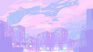 Kawaii Pastel Cityscape with Rain and Soft Clouds HD wallpaper