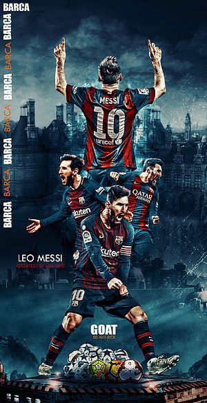 Lionel Messi FC Barcelona GOAT Tribute Poster with Multiple Action Poses and Trophy Ball Collection HD phone wallpaper