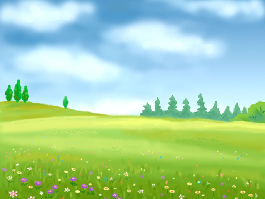 Cute Cartoon Meadow With Wildflowers And Rolling Green Hills Under A Blue Sky HD wallpaper