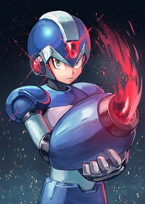 Mega Man X charging his arm cannon with red energy in a dynamic anime illustration HD phone wallpaper