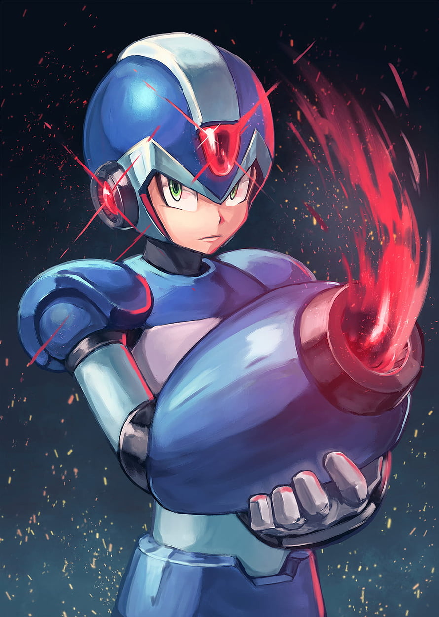 Mega Man X charging his arm cannon with red energy in a dynamic anime illustration HD phone wallpaper