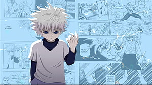 Killua Zoldyck Anime Character with Manga Panels Background HD wallpaper
