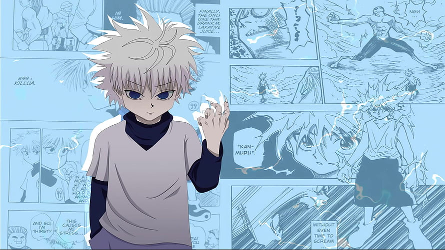 Killua Zoldyck Anime Character with Manga Panels Background HD wallpaper
