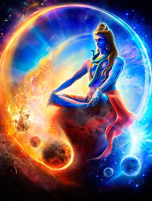 Lord Shiva Meditating in Cosmic Space with Planets and Nebulae HD phone wallpaper