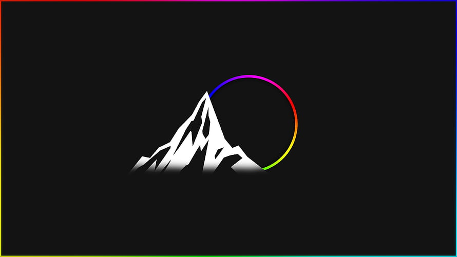 Minimalist White Mountain Peak with Rainbow Gradient Ring on Black Background HD wallpaper