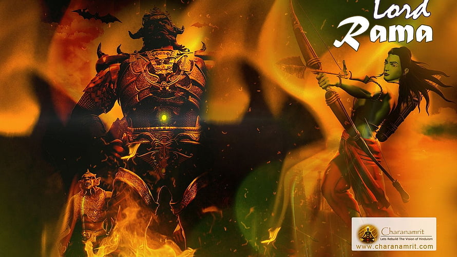 Lord Rama Archery Illustration with Demon King in Fiery Epic Fantasy Style HD wallpaper