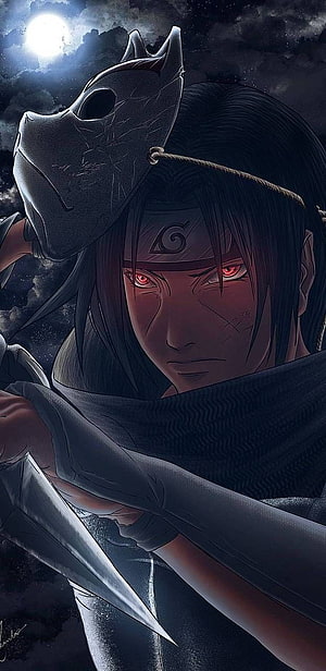 Itachi Uchiha with Sharingan and Crow Mask in Dark Moonlit Anime Art HD phone wallpaper