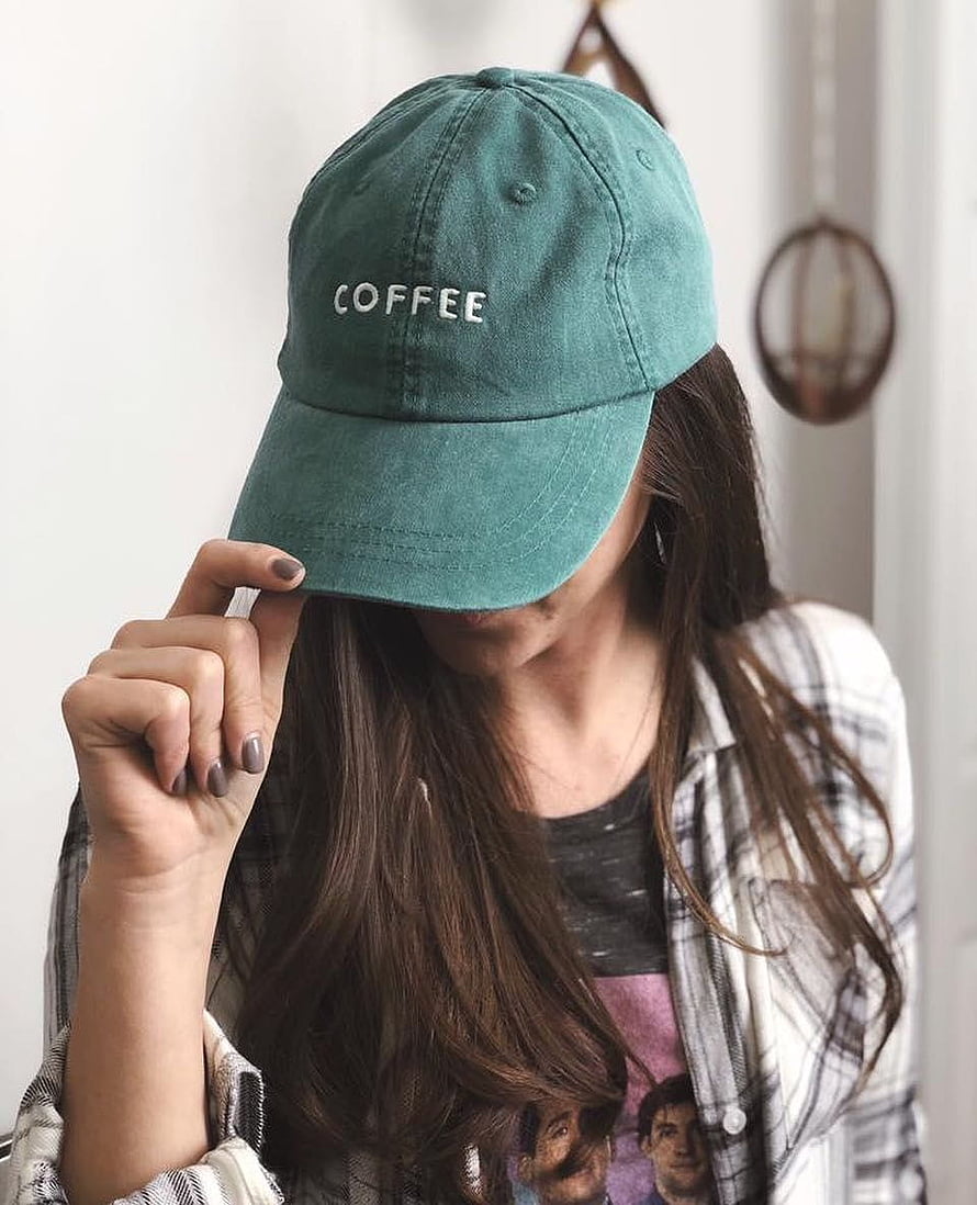 Woman Wearing Teal Coffee Embroidered Baseball Cap and Plaid Shirt HD phone wallpaper