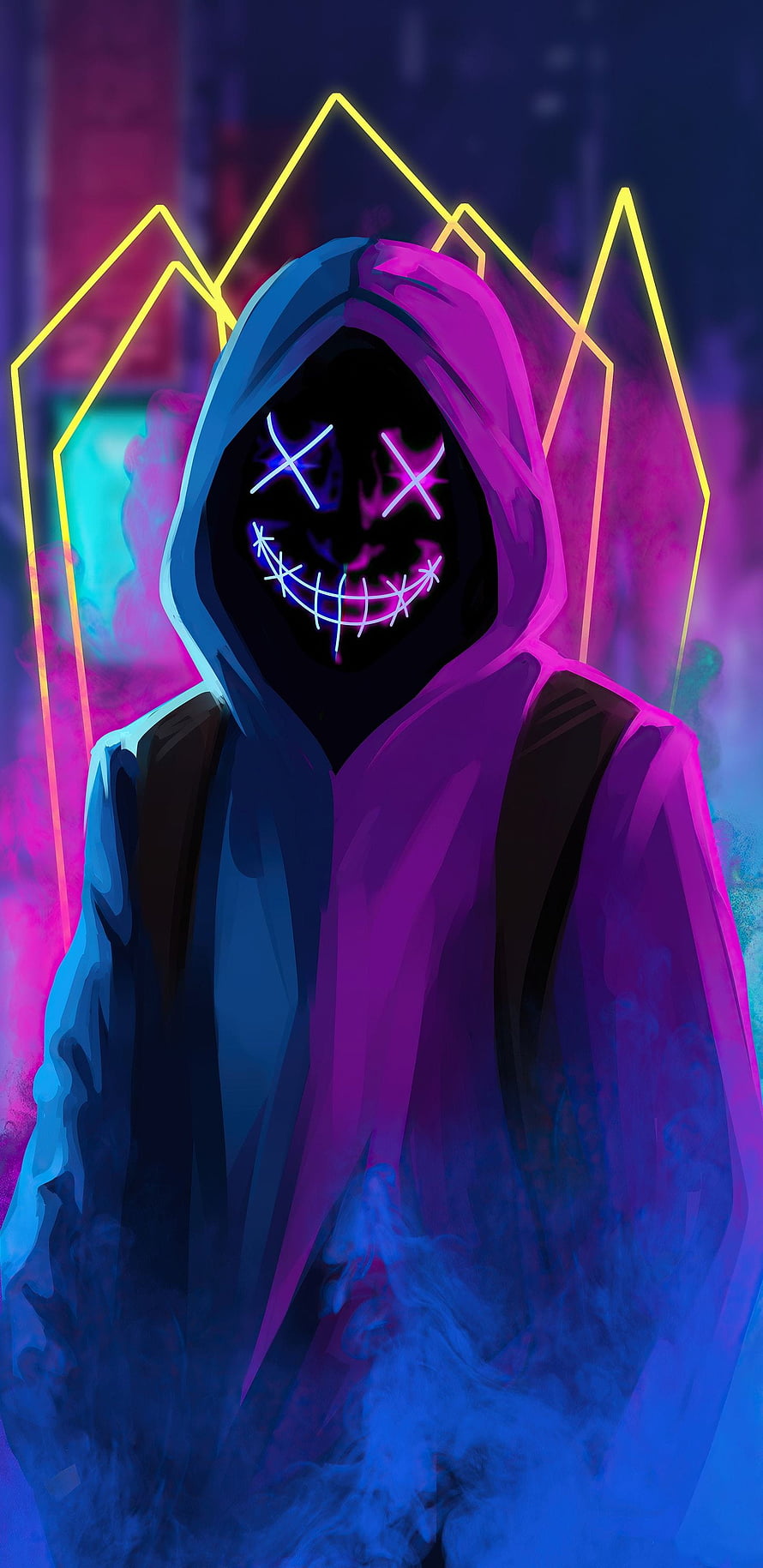 Neon Hooded Figure with Glowing X Eyes and Stitched Smile in Cyberpunk Style HD phone wallpaper