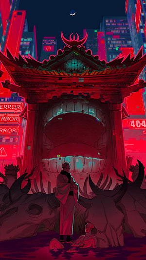 Jujutsu Kaisen Malevolent Shrine in a Neon Cyberpunk Cityscape HD phone wallpaper