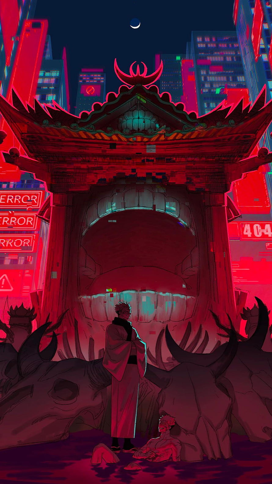Jujutsu Kaisen Malevolent Shrine in a Neon Cyberpunk Cityscape HD phone wallpaper
