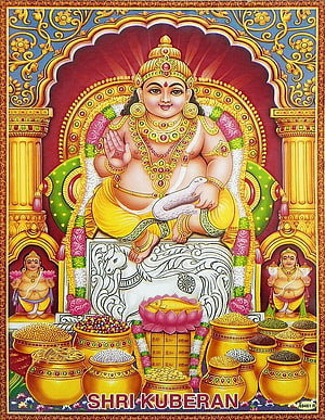Shri Kubera Hindu Deity of Wealth Seated on White Horse with Gold Treasures and Lotus HD phone wallpaper