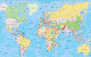 Detailed Political World Map with Country Borders and Ocean Labels HD wallpaper