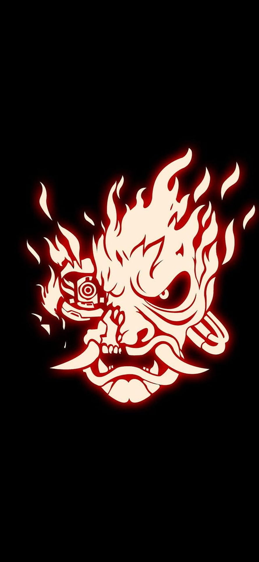 Cyberpunk Samurai Mask with Glowing Red Flames on Black Background HD phone wallpaper