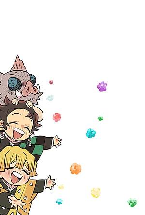 Kawaii Demon Slayer Chibi Characters with Inosuke and Zenitsu HD phone wallpaper