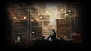 Library of Ruina: A Character Reading in a Vast, Atmospheric Library with Floating Books and Warm Light HD wallpaper