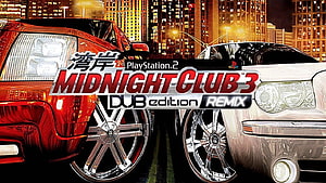 Midnight Club 3: DUB Edition Remix promotional artwork featuring two customized lowriders parked on a city street at night HD wallpaper