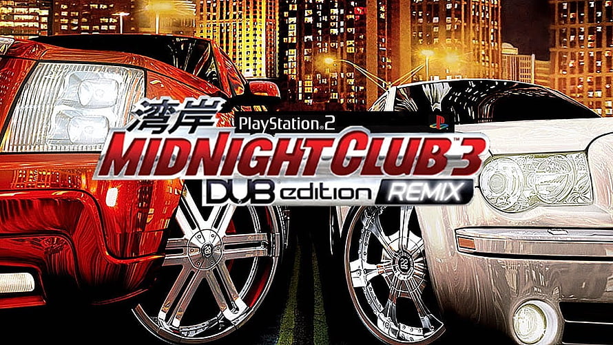 Midnight Club 3: DUB Edition Remix promotional artwork featuring two customized lowriders parked on a city street at night HD wallpaper