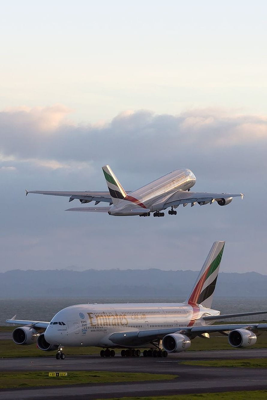 Emirates Airbus A380 Aircraft Taking Off and Landing at Airport Runway HD phone wallpaper
