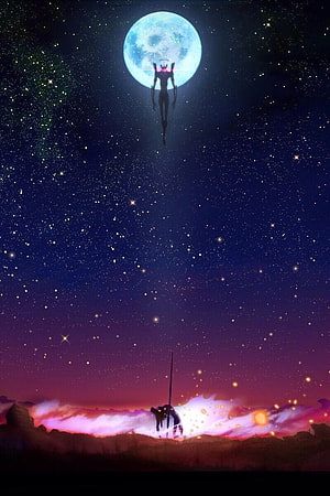 Neon Genesis Evangelion Silhouette Under Full Moon and Starry Night Sky HD phone wallpaper