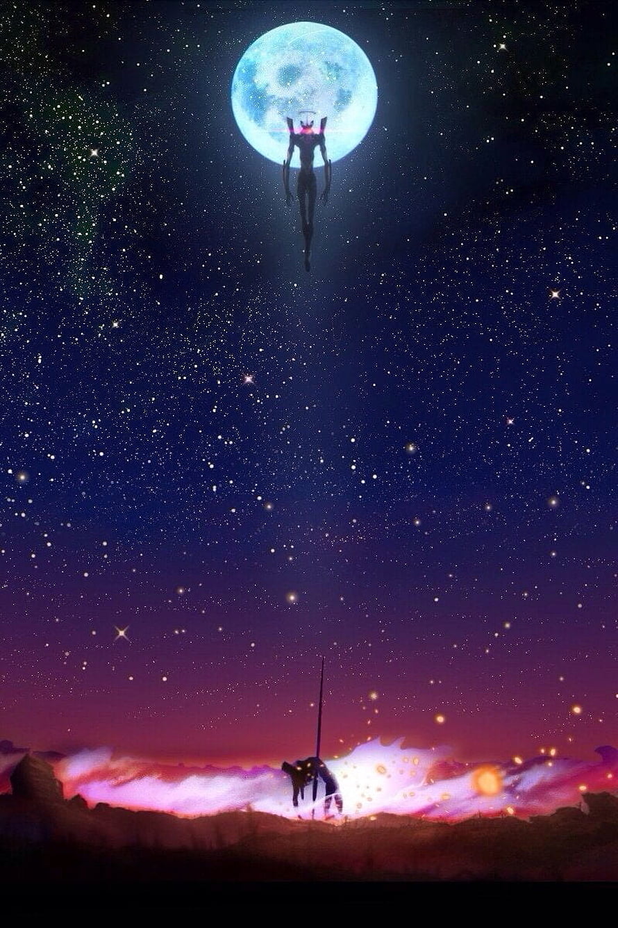 Neon Genesis Evangelion Silhouette Under Full Moon and Starry Night Sky HD phone wallpaper