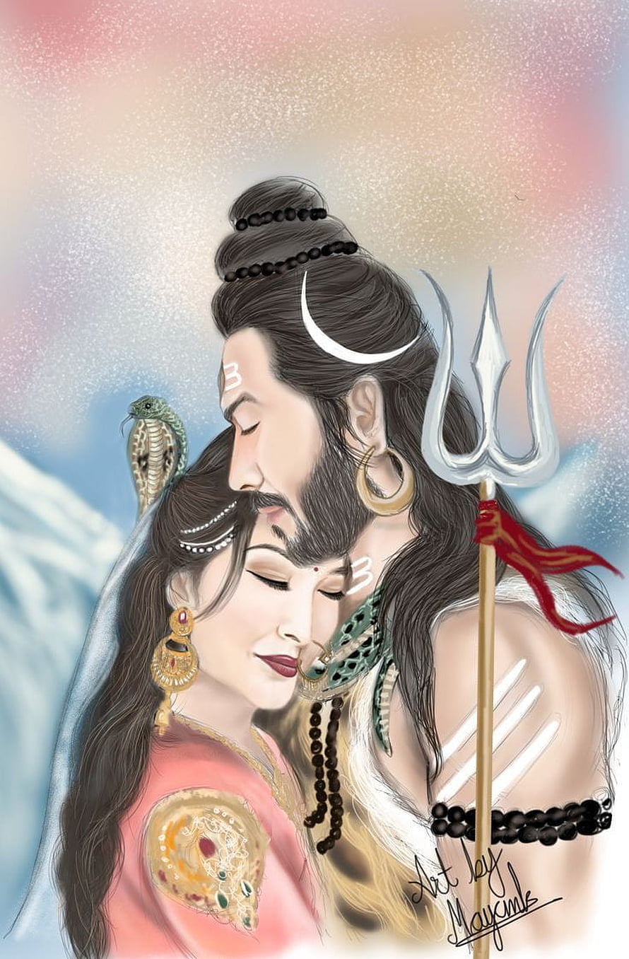 Lord Shiva and Parvati Embracing with Trishul and Snake in Soft Pastel Digital Art HD phone wallpaper