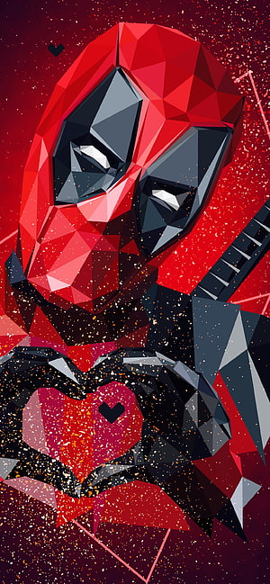 Deadpool Geometric Low Poly Portrait with Heart Emblem and Red Background HD phone wallpaper