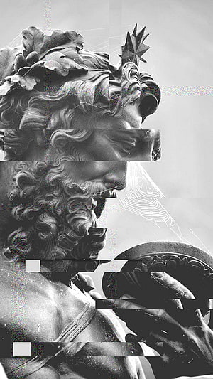 Glitch Art Greek Statue Profile with Laurel Crown and Shield HD phone wallpaper