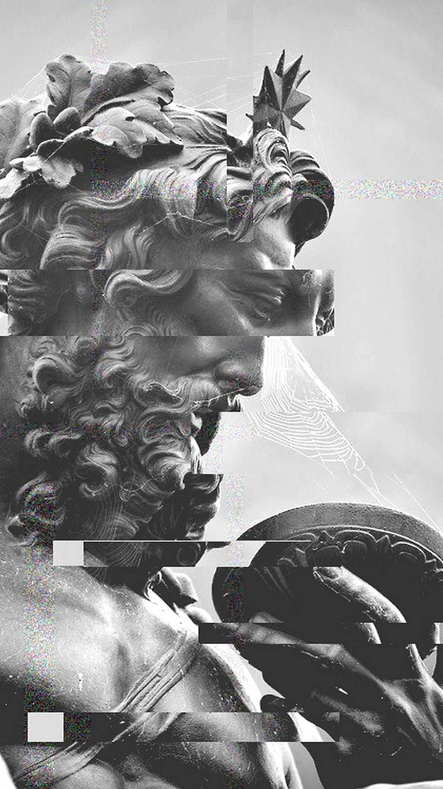 Glitch Art Greek Statue Profile with Laurel Crown and Shield HD phone wallpaper