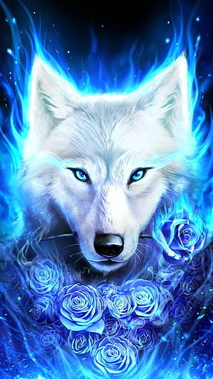 Mystical White Wolf with Blue Roses and Ethereal Flame Aura HD phone wallpaper