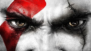 Kratos Intense Close-Up Portrait With Red Face Paint And Scars HD wallpaper
