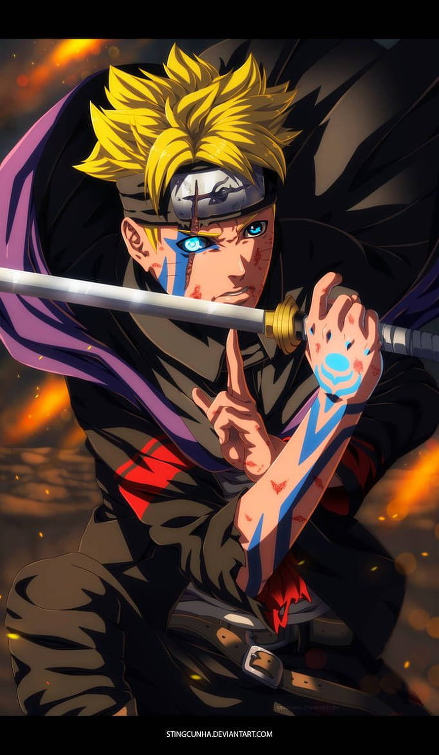 Boruto Uzumaki with Jogan Eye and Sword in Dark Combat Scene HD phone wallpaper