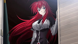Rias Gremory from High School DxD in a black and white uniform with long red hair HD wallpaper