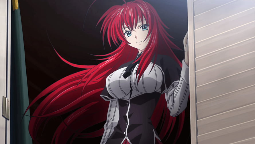 Rias Gremory from High School DxD in a black and white uniform with long red hair HD wallpaper