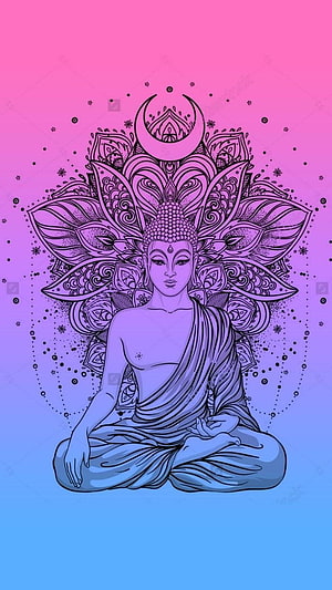 Meditating Buddha with Mandala Halo and Crescent Moon on Gradient Background HD phone wallpaper