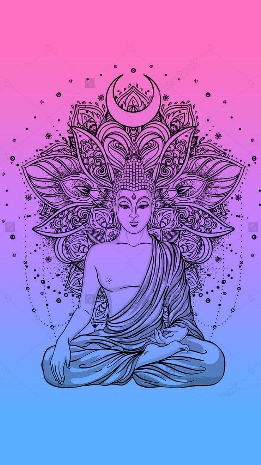 Meditating Buddha with Mandala Halo and Crescent Moon on Gradient Background HD phone wallpaper