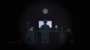 Silhouette of a Programmer at a Desk in a Dark Room with Glowing Monitor and Anime Character HD wallpaper
