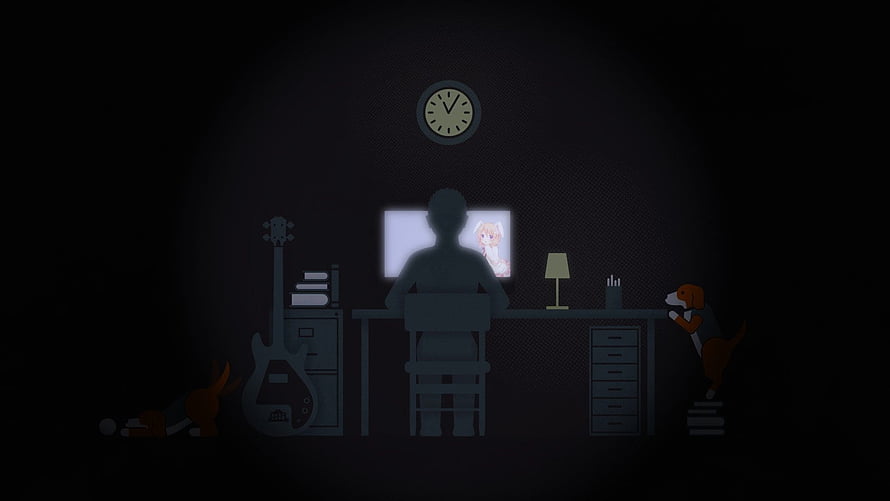 Silhouette of a Programmer at a Desk in a Dark Room with Glowing Monitor and Anime Character HD wallpaper