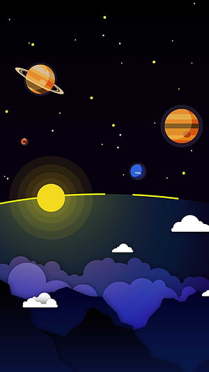 Flat Design Solar System Wallpaper with Planets, Sun, and Night Sky Clouds HD phone wallpaper