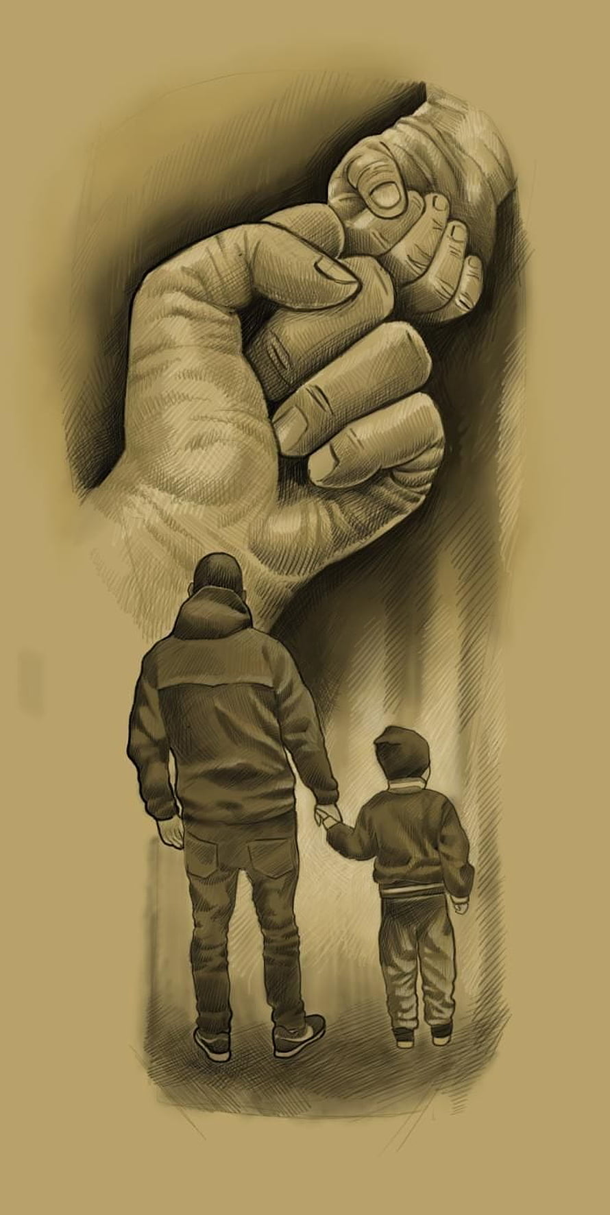 Father and Son Holding Hands Beneath a Giant Protective Hand Sketch HD phone wallpaper